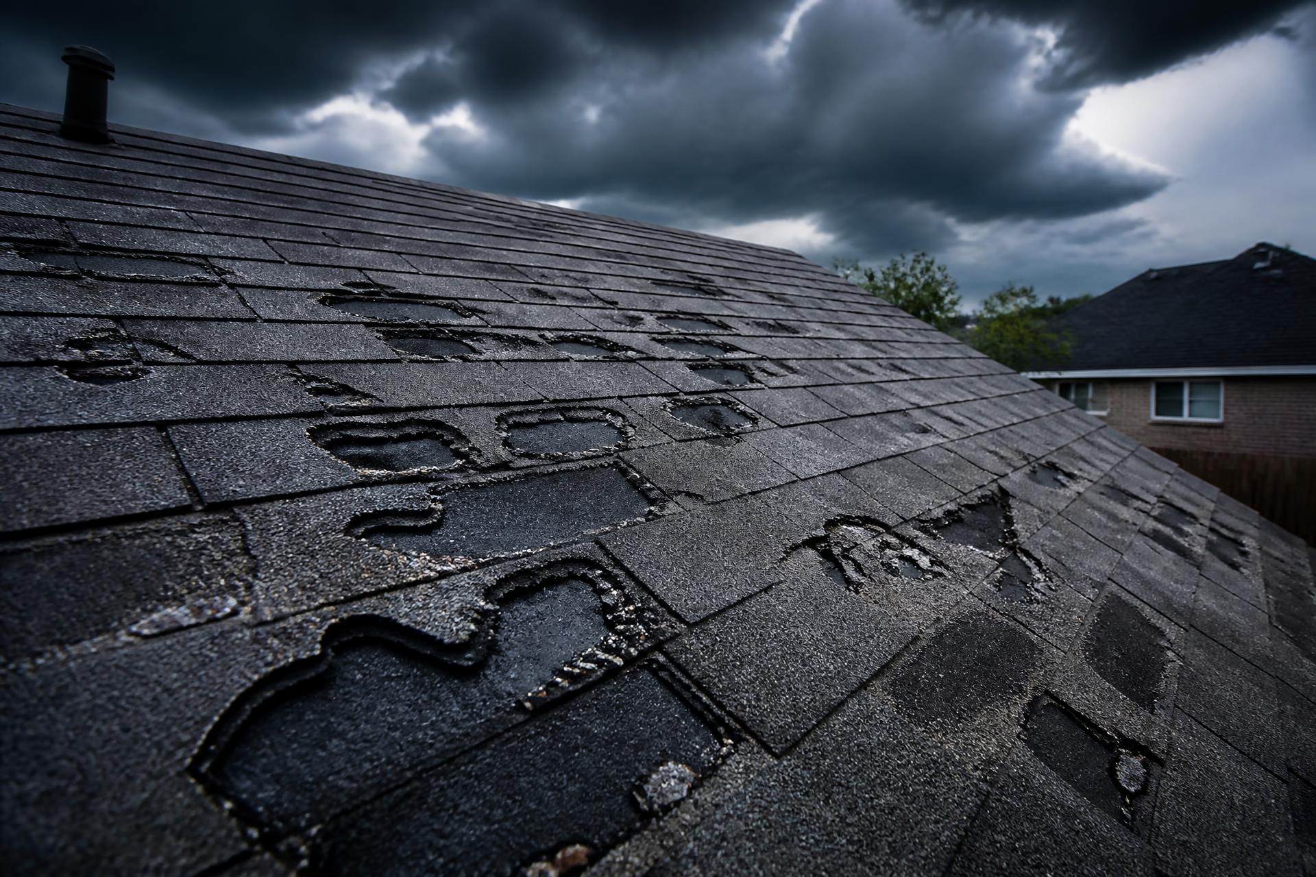 Hail-damaged asphalt shingle roof under storm clouds